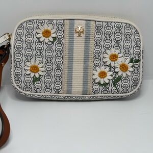 Tory Burch Daisy Embroidered Wristlet - Black, White, and Yellow
